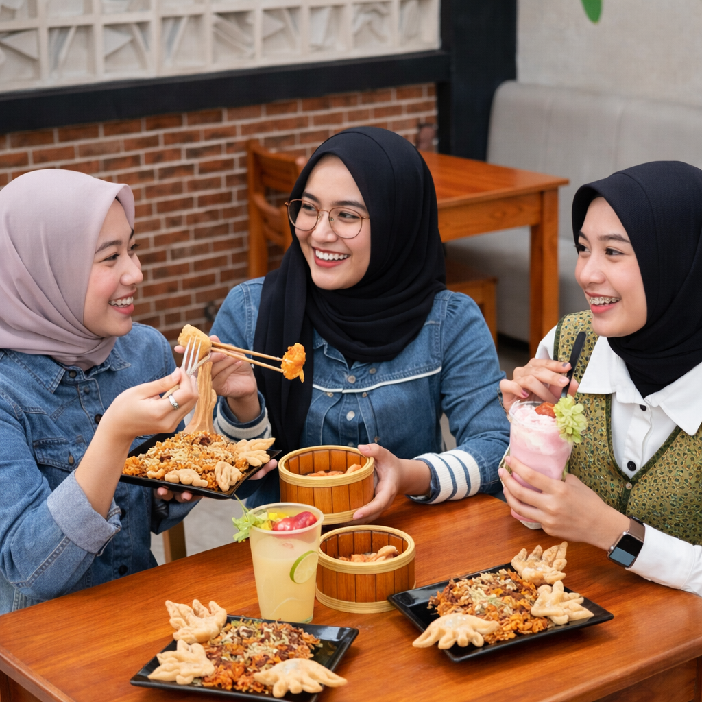 Pengunjung menikmati suasana outlet